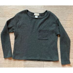 Enough about me Ribbed Green gray‎ Cropped Sweater Chest Pocket Long Sleeve Top